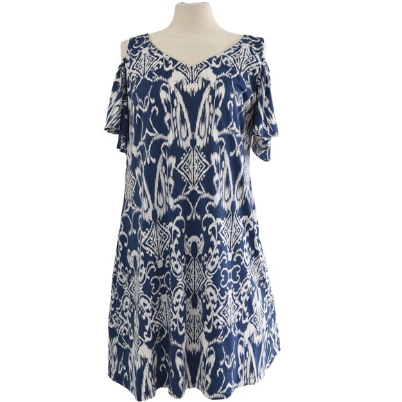 MSK Dress Women M Blue Geometric Shift Midi Cold Shoulder Sleeve V-Neck - Picture 1 of 9